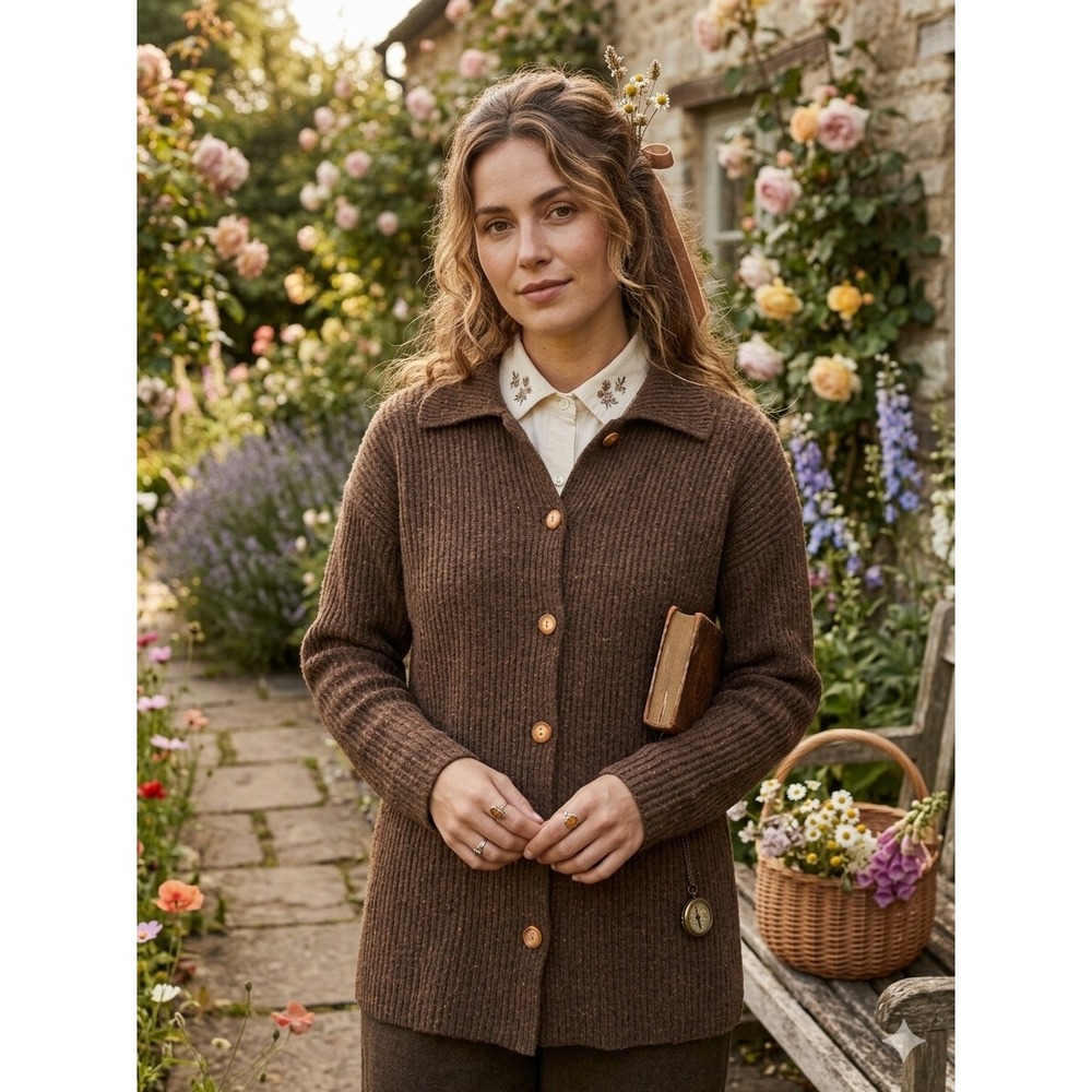 Laura Ashley Vintage Brown Pure New Wool Ribbed Button Front Cardigan Sweater M